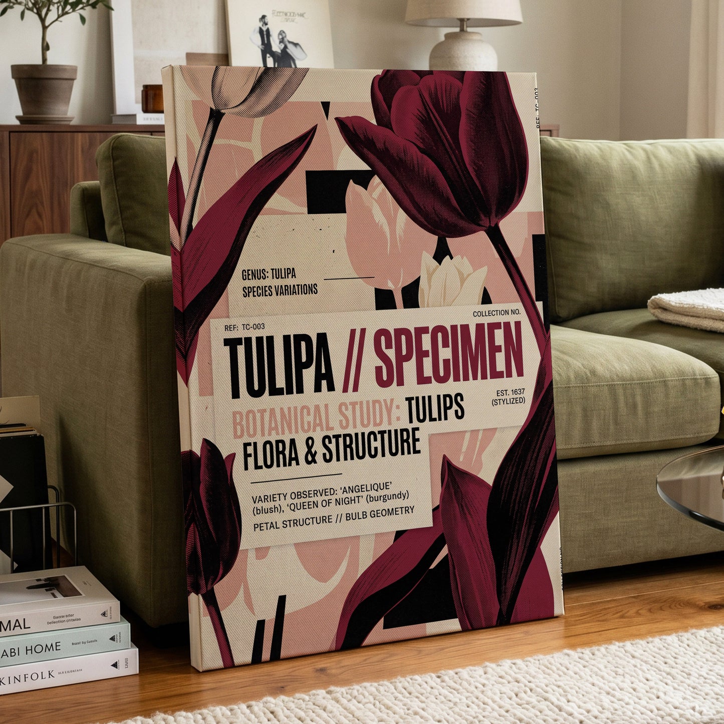 Burgundy Tulip Study, purple, pink, beige floral wall art on canvas displayed in a styled interior, gallery view 1