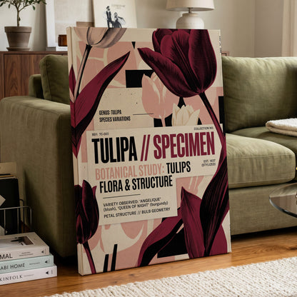 Burgundy Tulip Study, purple, pink, beige floral wall art on canvas displayed in a styled interior, gallery view 1