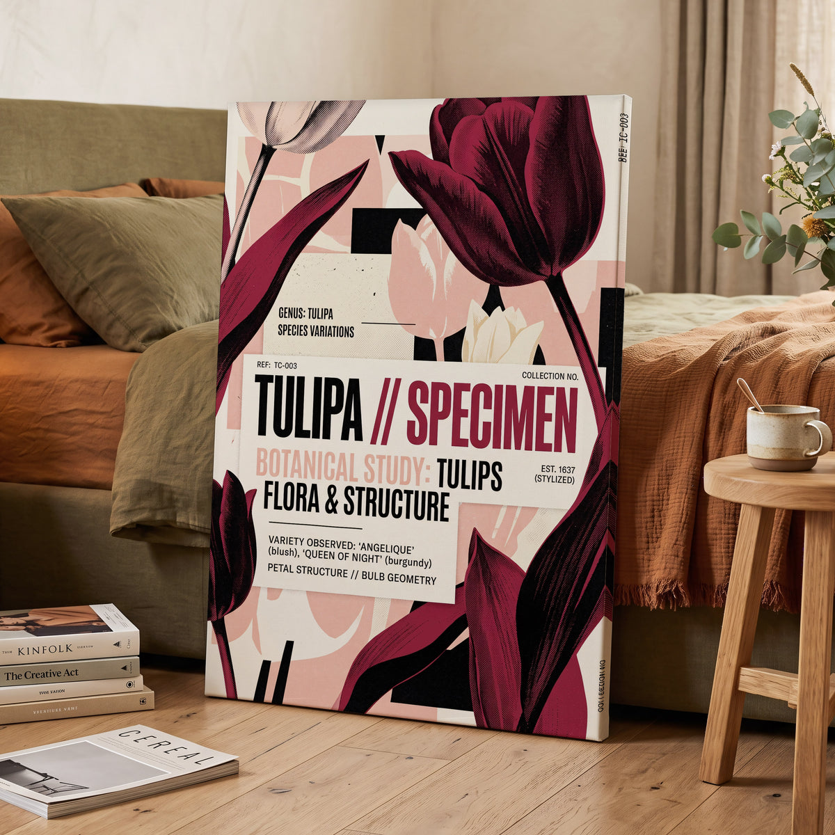 Burgundy Tulip Study, purple, pink, beige floral wall art on canvas displayed in a styled interior, gallery view 2