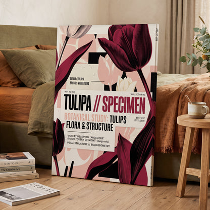 Burgundy Tulip Study, purple, pink, beige floral wall art on canvas displayed in a styled interior, gallery view 2