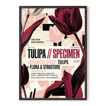 Burgundy Tulip Study, purple, pink, beige floral wall art, front artwork view