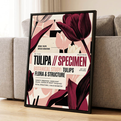 Burgundy Tulip Study, purple, pink, beige floral wall art displayed in a styled interior, gallery view 1