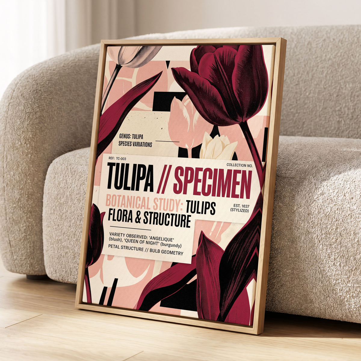 Burgundy Tulip Study, purple, pink, beige floral wall art displayed in a styled interior, gallery view 2