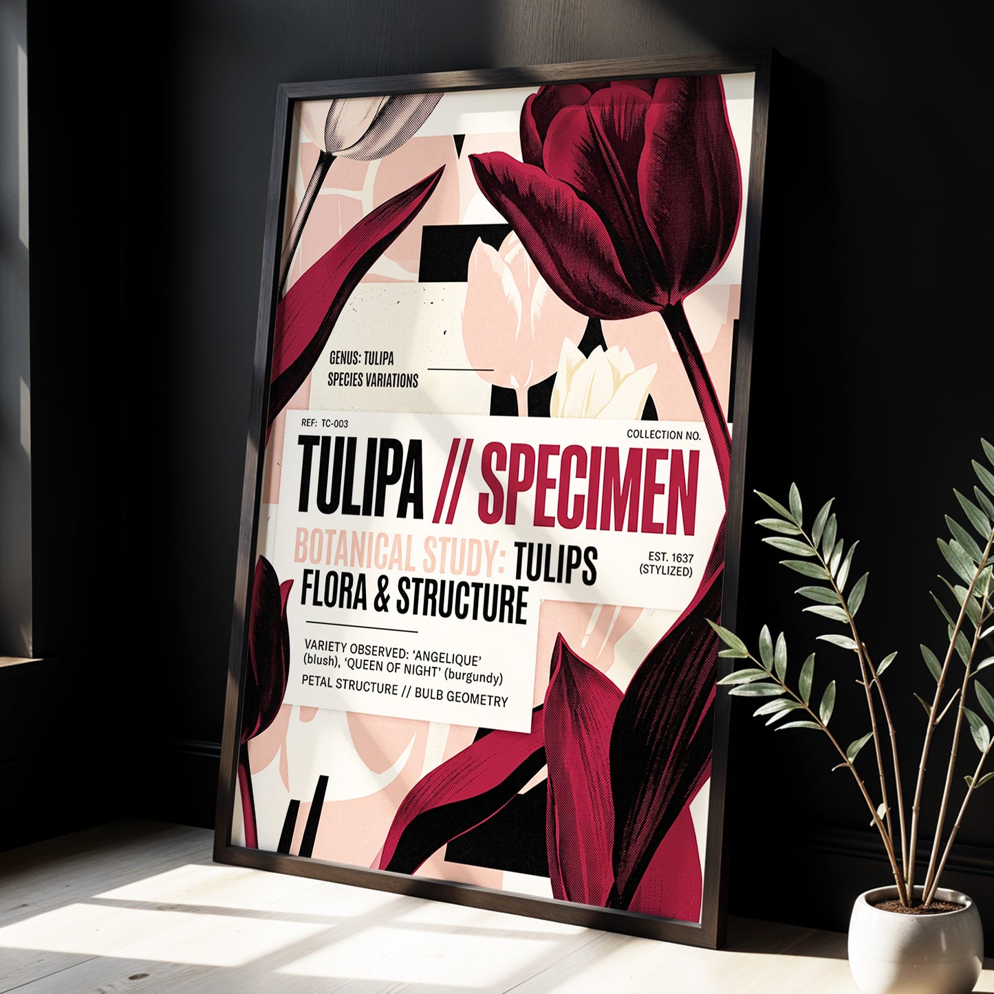 Burgundy Tulip Study, purple, pink, beige floral wall art displayed in a styled interior, gallery view 3