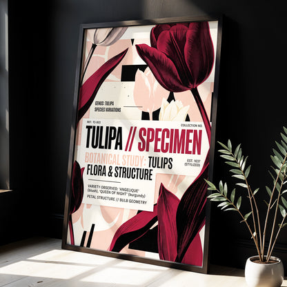Burgundy Tulip Study, purple, pink, beige floral wall art displayed in a styled interior, gallery view 3