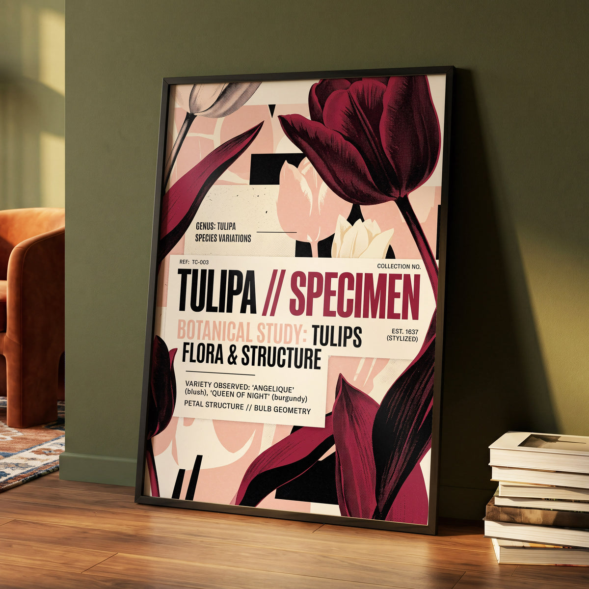 Burgundy Tulip Study, purple, pink, beige floral wall art displayed in a styled interior, gallery view 5