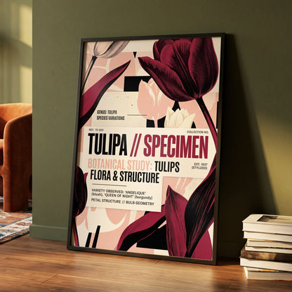 Burgundy Tulip Study, purple, pink, beige floral wall art displayed in a styled interior, gallery view 5
