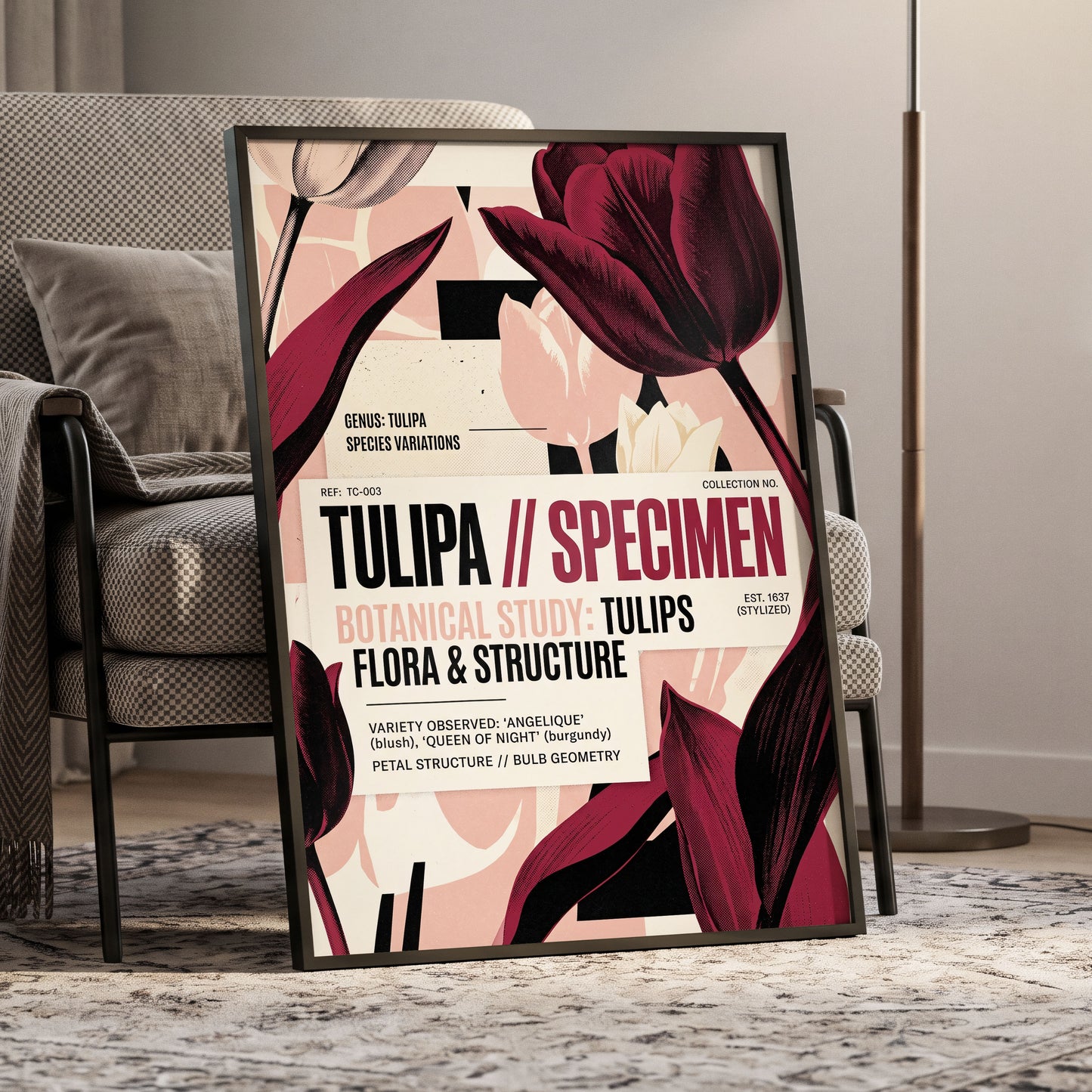 Burgundy Tulip Study, purple, pink, beige floral wall art displayed in a styled interior, gallery view 6