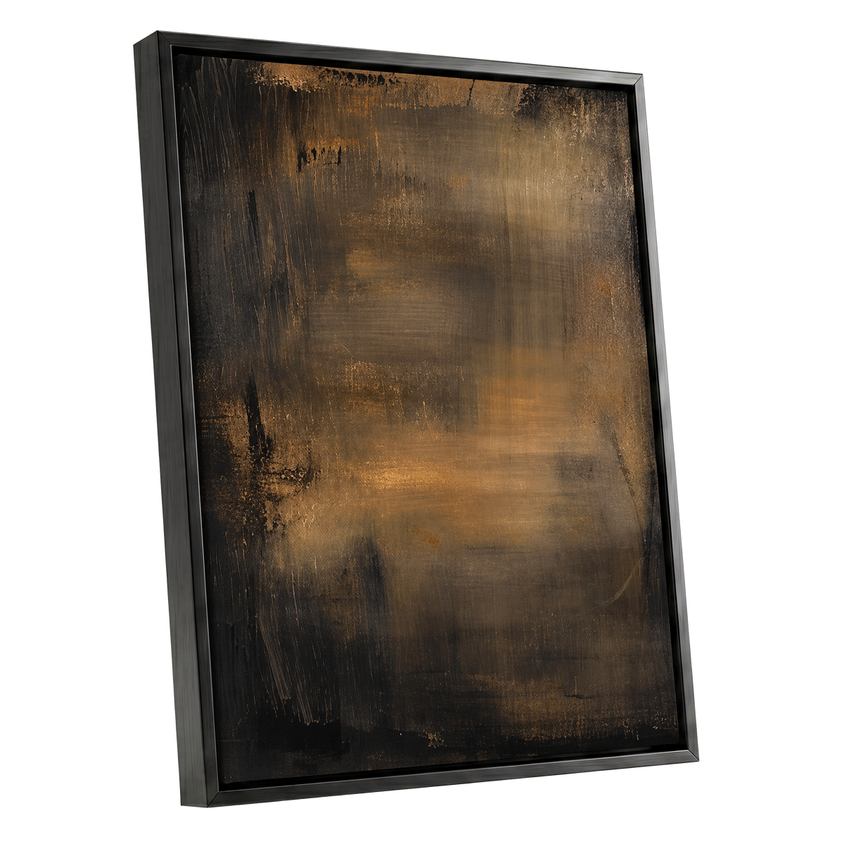 Burnished Dusk, gold, brown, black abstract wall art shown as a black framed canvas wall art