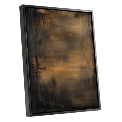Burnished Dusk, gold, brown, black abstract wall art shown as a black framed canvas wall art