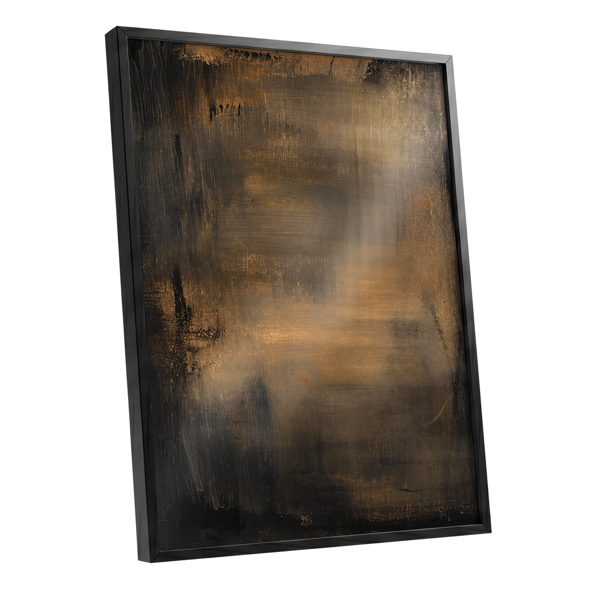 Burnished Dusk, gold, brown, black abstract wall art shown as a black framed poster wall art print