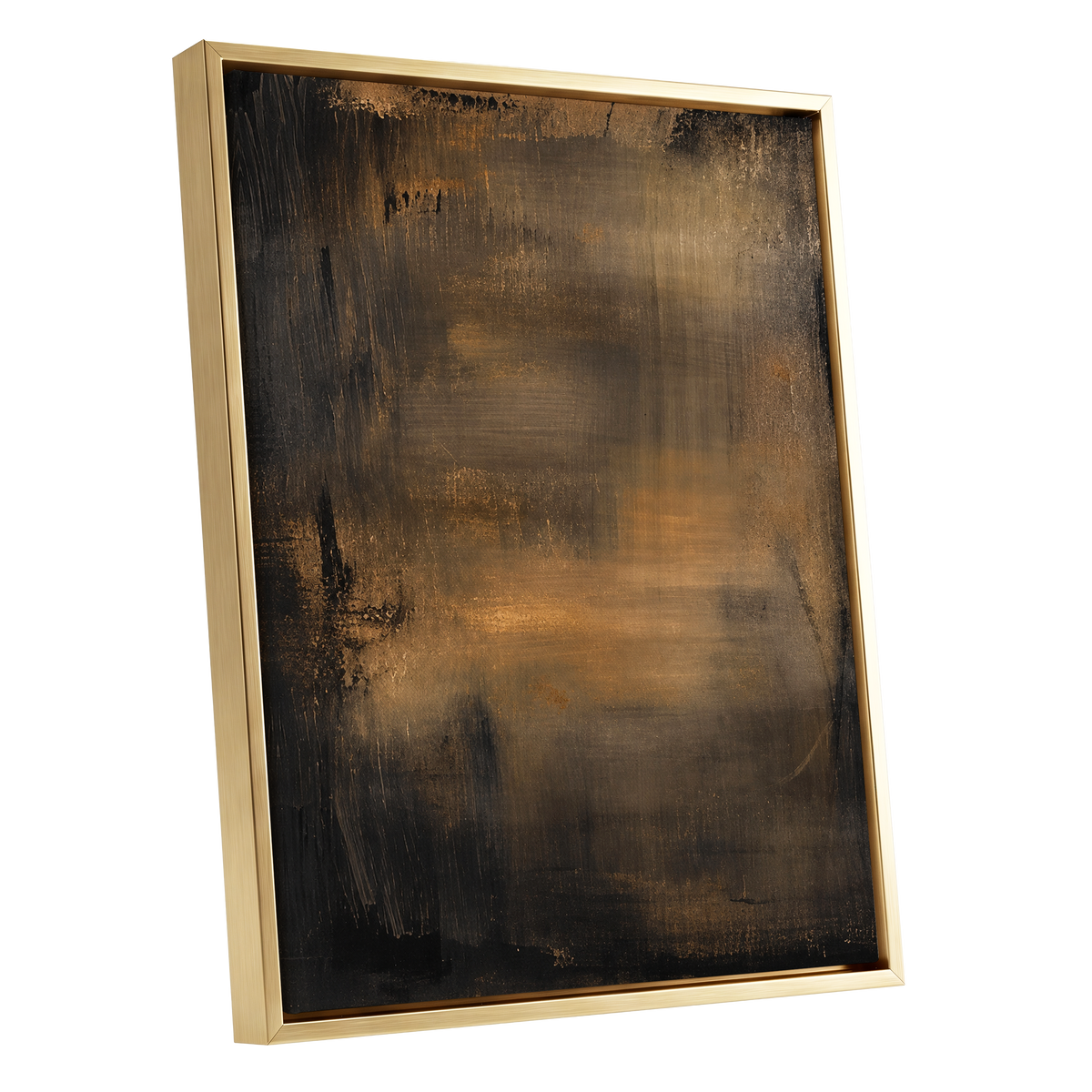 Burnished Dusk, gold, brown, black abstract wall art shown as a gold framed canvas wall art
