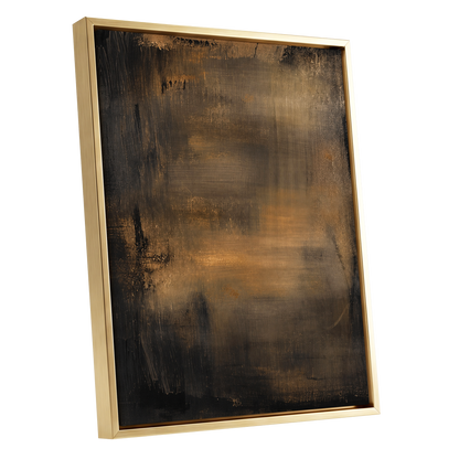Burnished Dusk, gold, brown, black abstract wall art shown as a gold framed canvas wall art