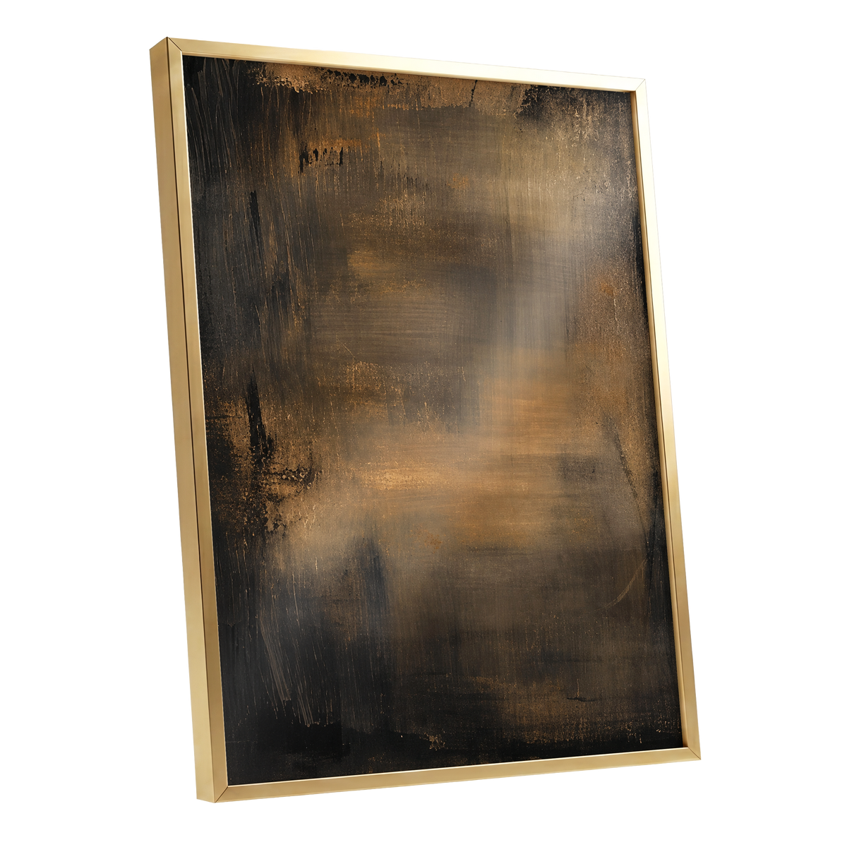 Burnished Dusk, gold, brown, black abstract wall art shown as a gold framed poster wall art print