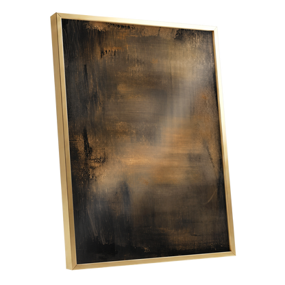 Burnished Dusk, gold, brown, black abstract wall art shown as a gold framed poster wall art print