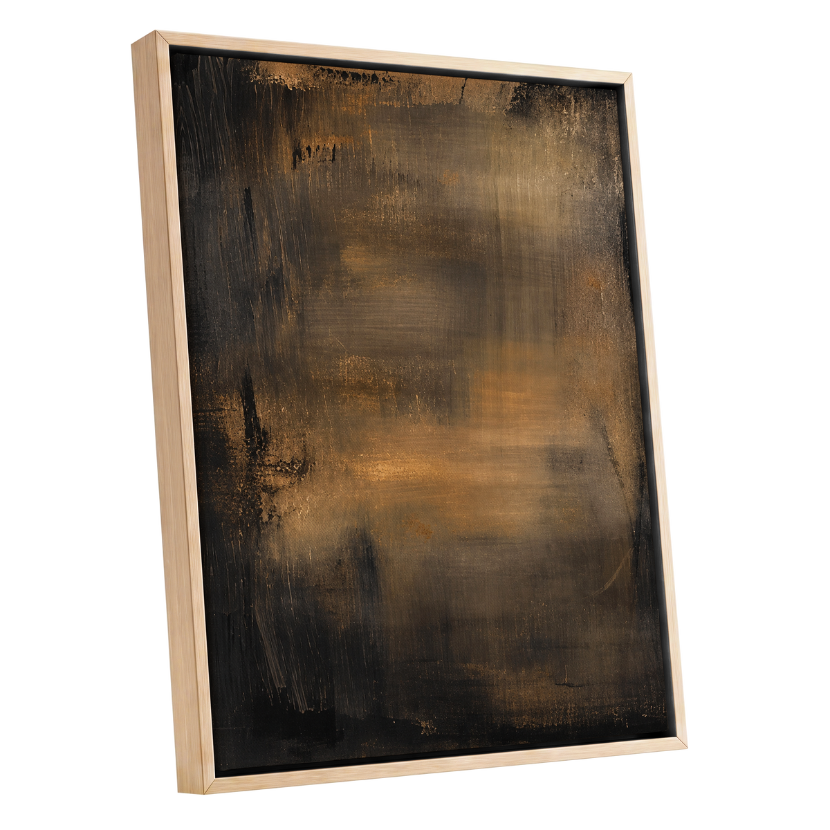 Burnished Dusk, gold, brown, black abstract wall art shown as a oak framed canvas wall art