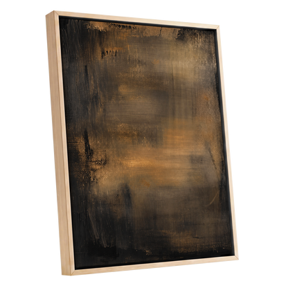 Burnished Dusk, gold, brown, black abstract wall art shown as a oak framed canvas wall art