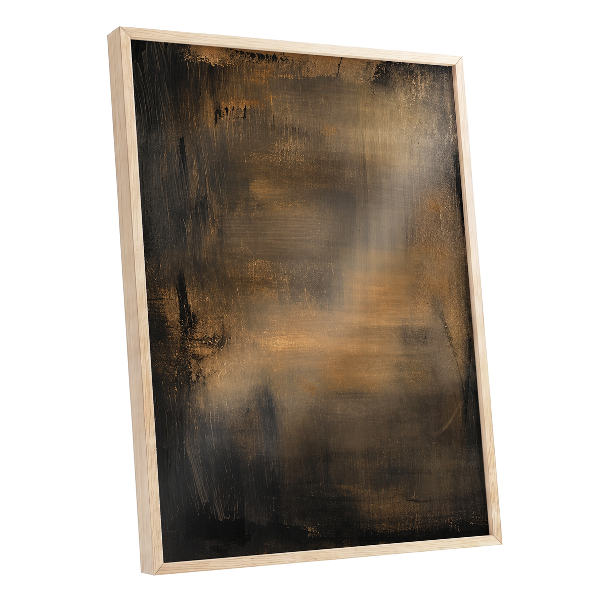 Burnished Dusk, gold, brown, black abstract wall art shown as a oak framed poster wall art print