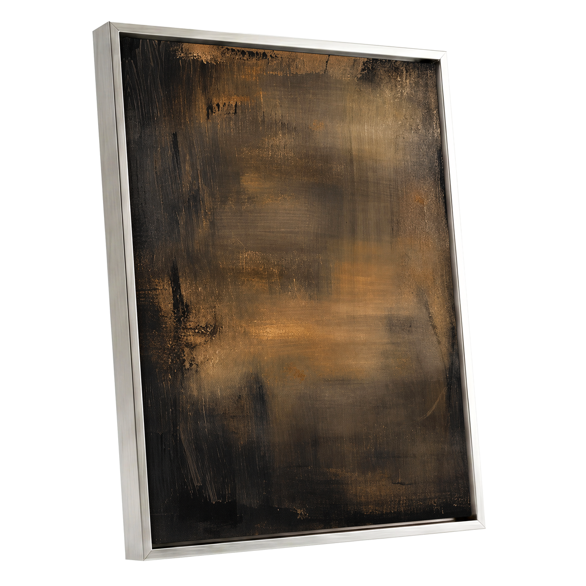 Burnished Dusk, gold, brown, black abstract wall art shown as a silver framed canvas wall art
