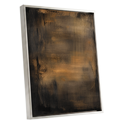 Burnished Dusk, gold, brown, black abstract wall art shown as a silver framed canvas wall art