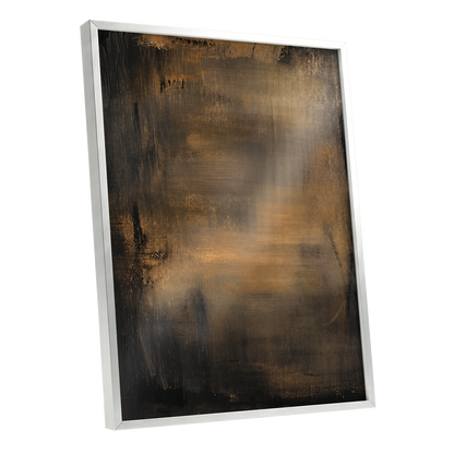 Burnished Dusk, gold, brown, black abstract wall art shown as a silver framed poster wall art print