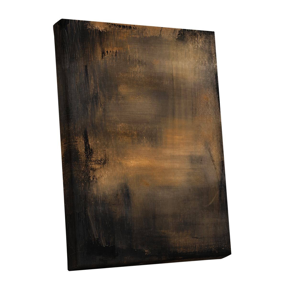 Burnished Dusk, gold, brown, black abstract wall art shown as a stretched canvas wall art