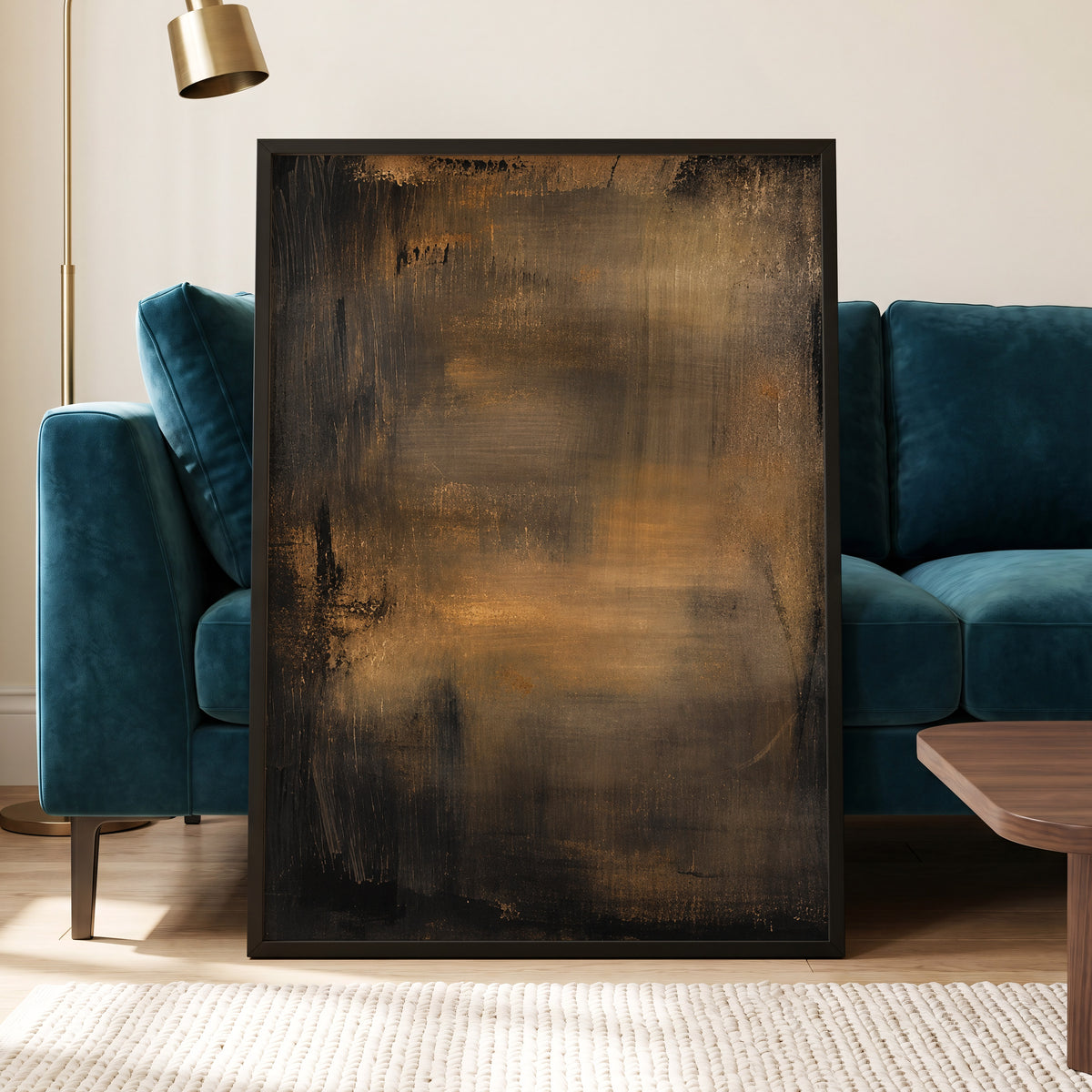 Burnished Dusk, gold, brown, black abstract wall art displayed in a styled interior, gallery view 2