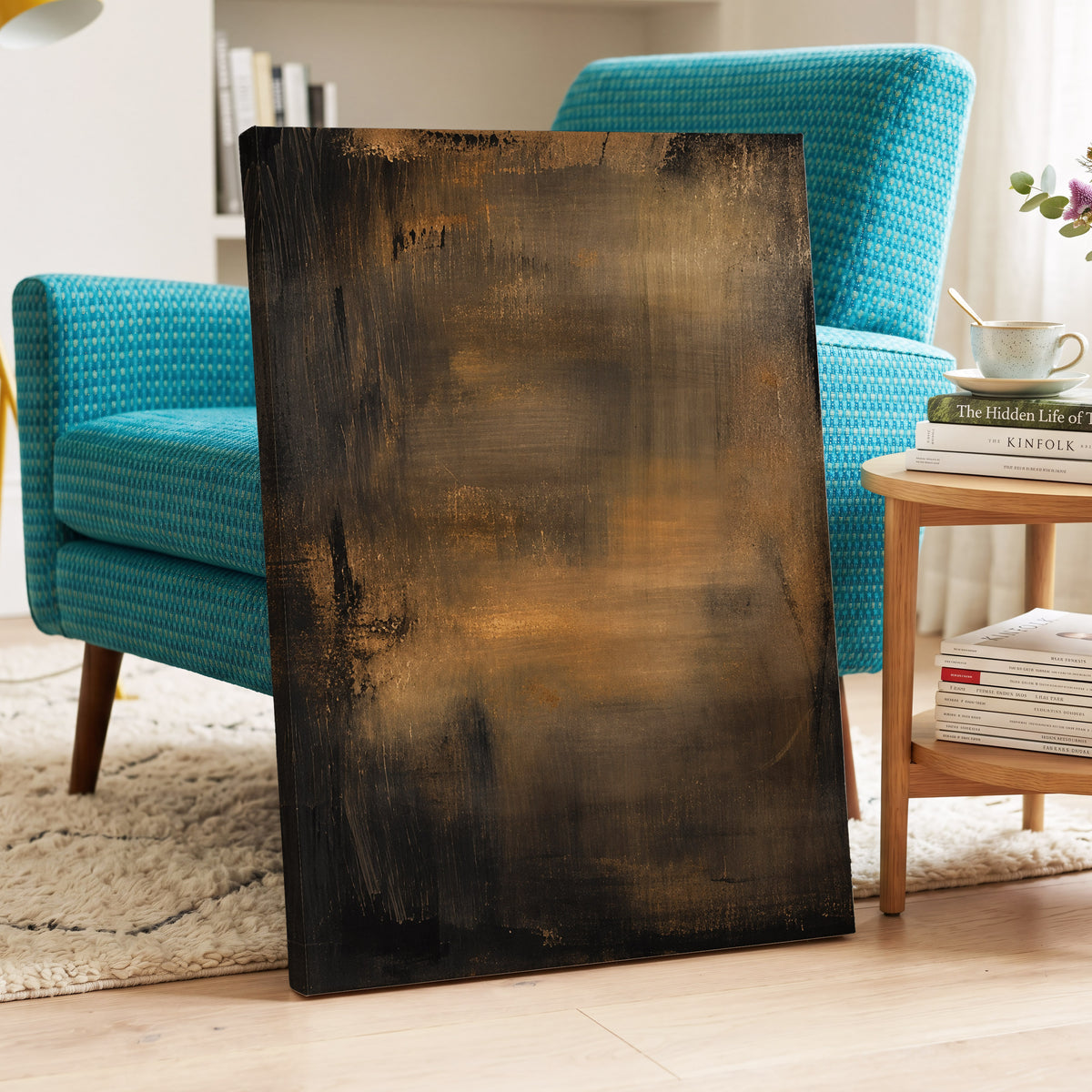 Burnished Dusk, gold, brown, black abstract wall art displayed in a styled interior, gallery view 3