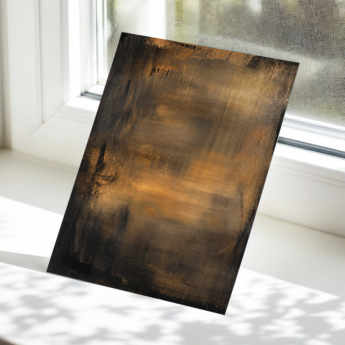 Burnished Dusk, gold, brown, black abstract wall art displayed in a styled interior, gallery view 5