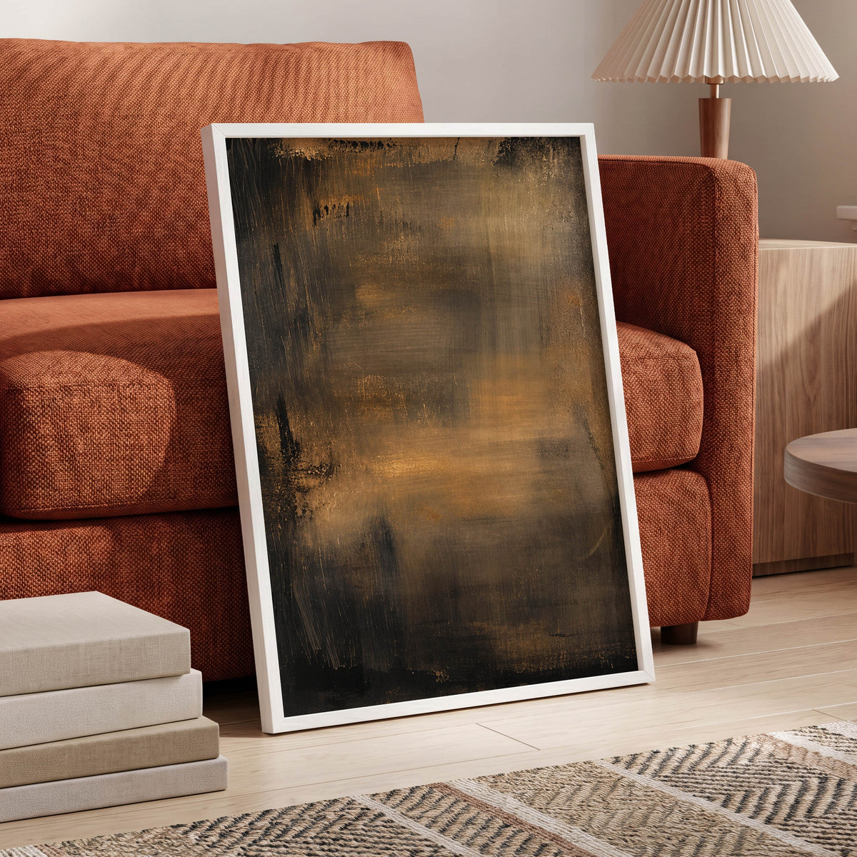 Burnished Dusk, gold, brown, black abstract wall art displayed in a styled interior, gallery view 6