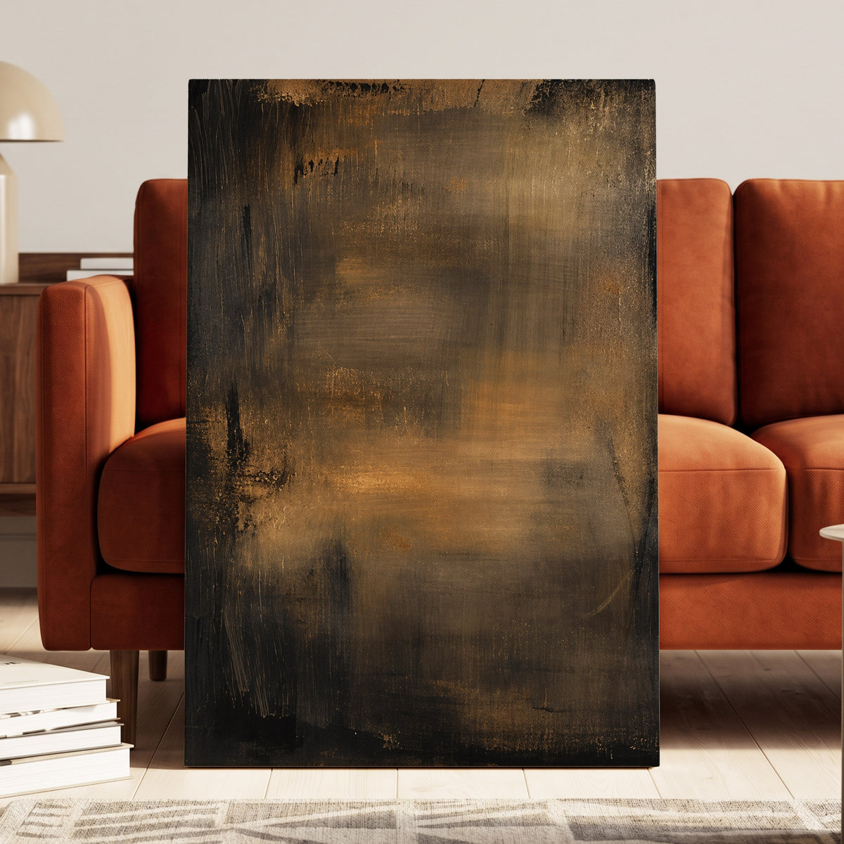 Burnished Dusk, gold, brown, black abstract wall art displayed in a styled interior, gallery view 7