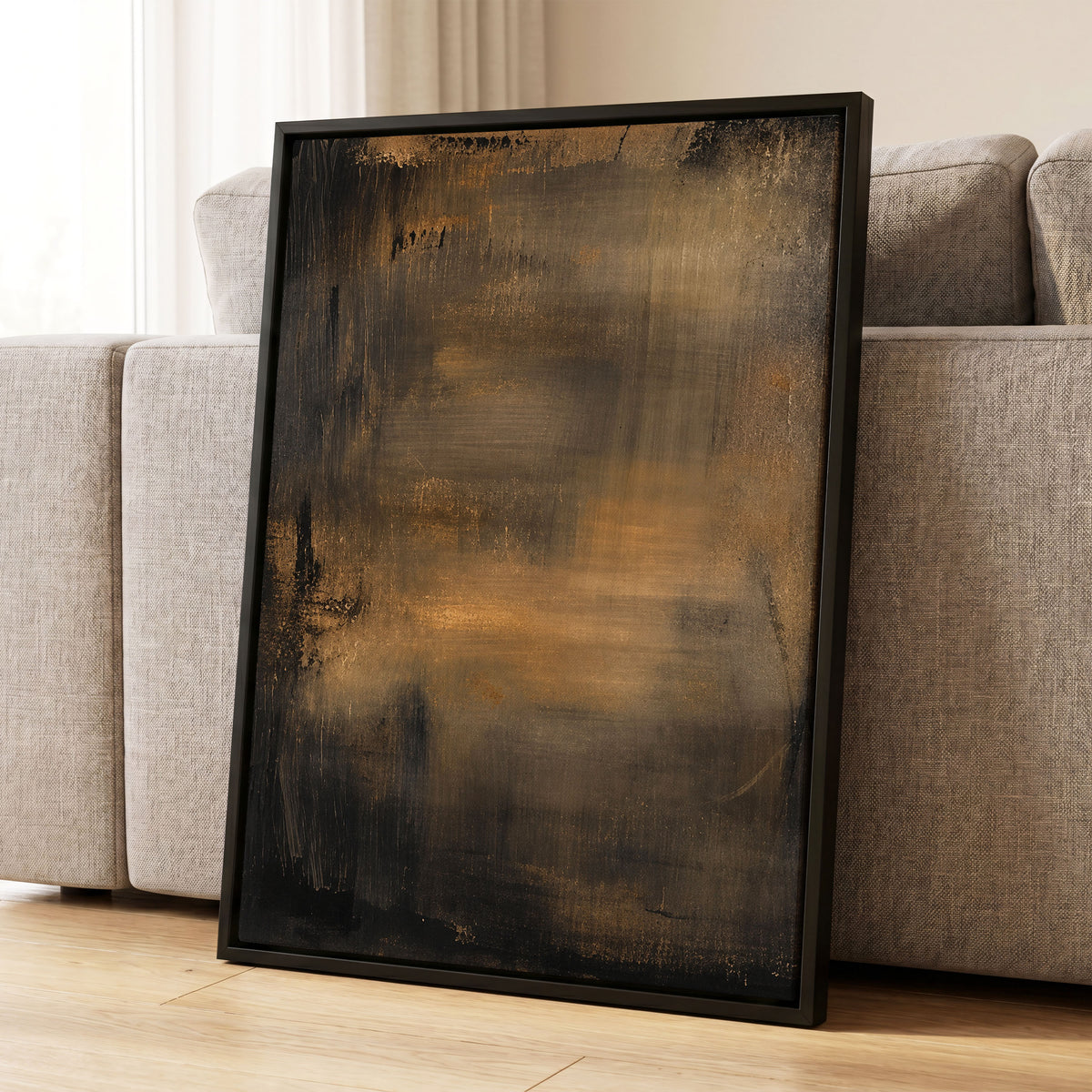 Burnished Dusk, gold, brown, black abstract wall art displayed in a styled interior, gallery view 8