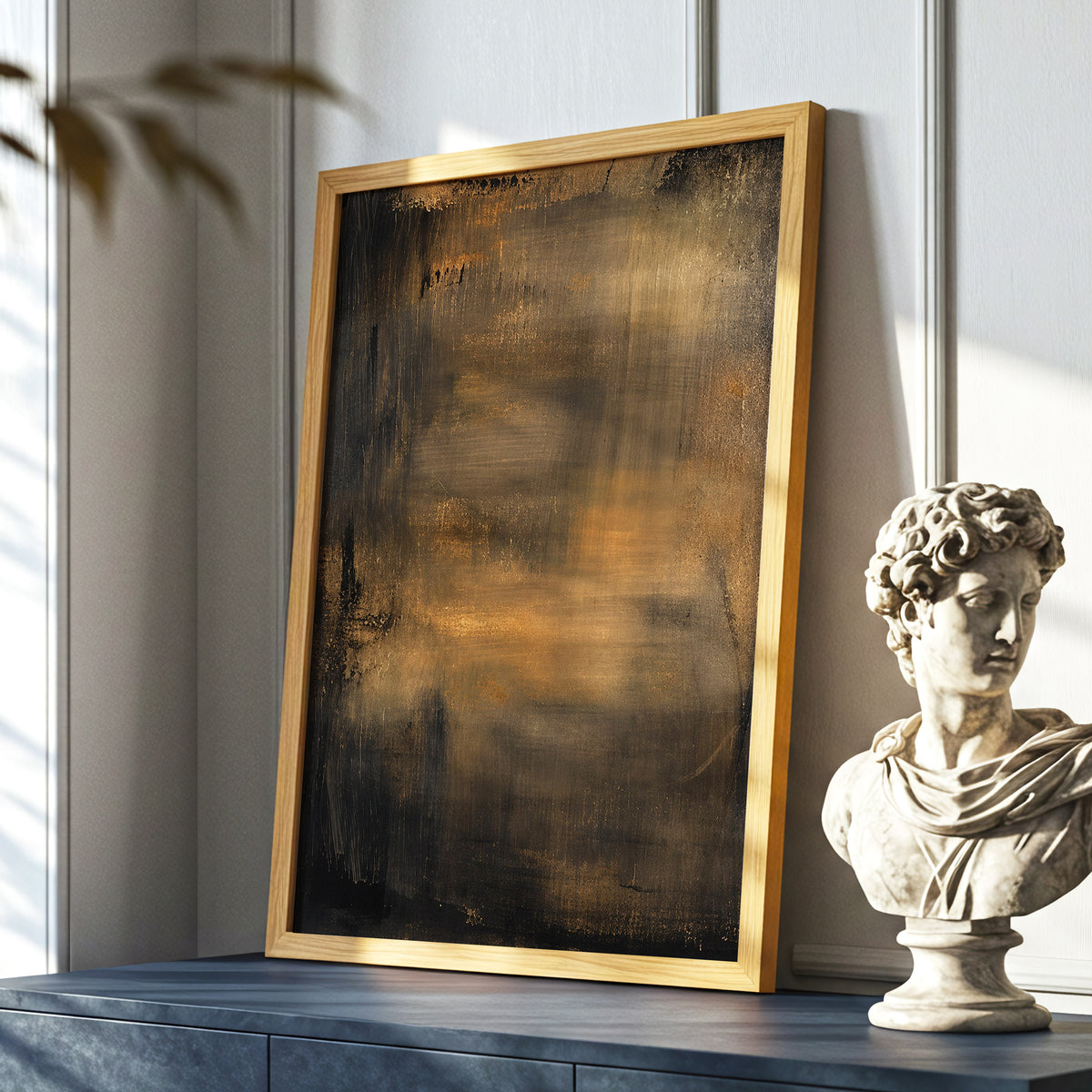 Burnished Dusk, gold, brown, black abstract wall art displayed in a styled interior, gallery view 9