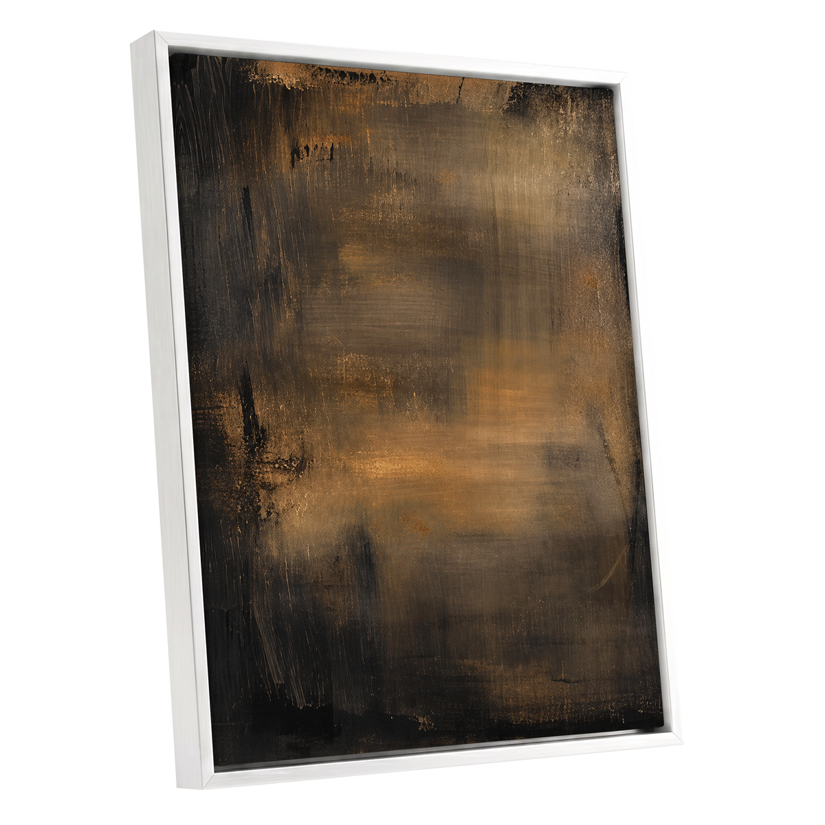 Burnished Dusk, gold, brown, black abstract wall art shown as a white framed canvas wall art