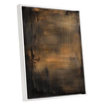 Burnished Dusk, gold, brown, black abstract wall art shown as a white framed canvas wall art