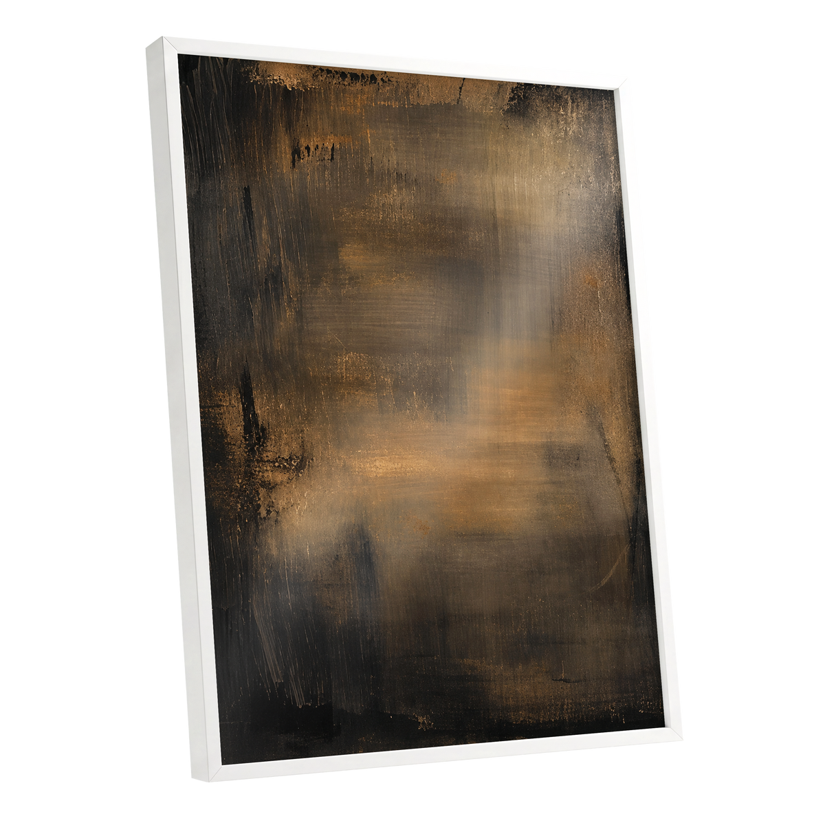 Burnished Dusk, gold, brown, black abstract wall art shown as a white framed poster wall art print