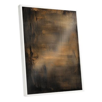Burnished Dusk, gold, brown, black abstract wall art shown as a white framed poster wall art print