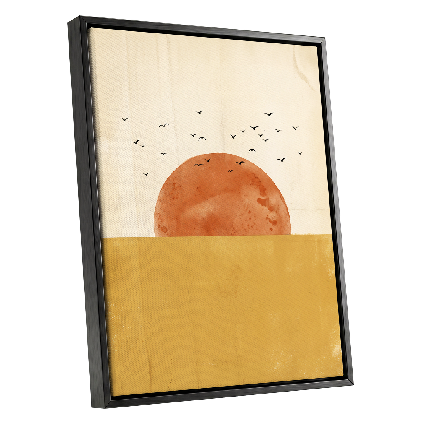 Burnished Horizon, beige, gold, orange nature wall art shown as a black framed canvas wall art
