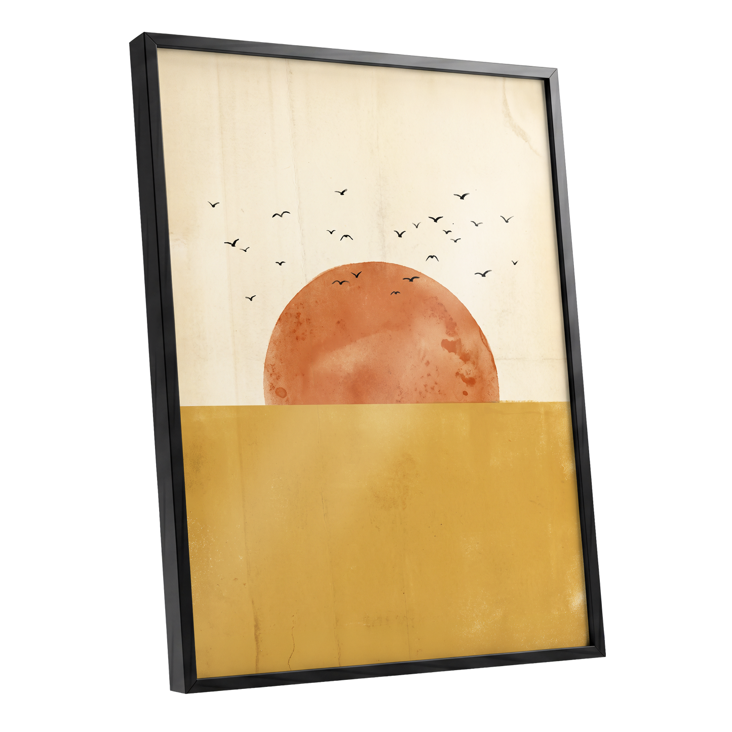 Burnished Horizon, beige, gold, orange nature wall art shown as a black framed poster wall art print