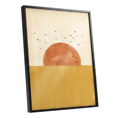 Burnished Horizon, beige, gold, orange nature wall art shown as a black framed poster wall art print