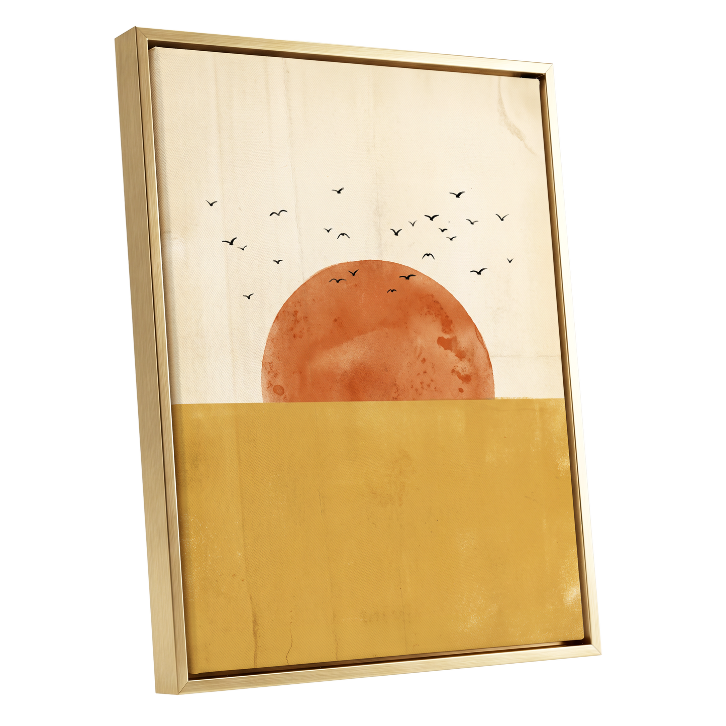 Burnished Horizon, beige, gold, orange nature wall art shown as a gold framed canvas wall art