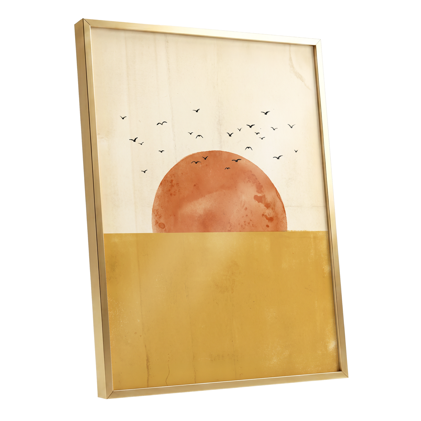 Burnished Horizon, beige, gold, orange nature wall art shown as a gold framed poster wall art print
