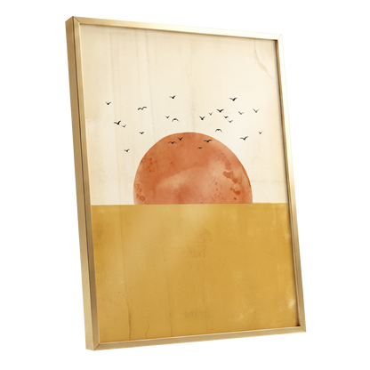Burnished Horizon, beige, gold, orange nature wall art shown as a gold framed poster wall art print