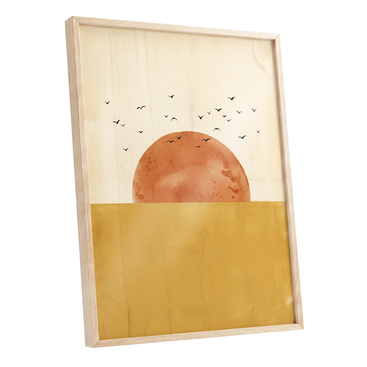 Burnished Horizon, beige, gold, orange nature wall art shown as a oak framed poster wall art print