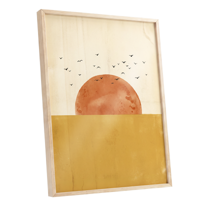 Burnished Horizon, beige, gold, orange nature wall art shown as a oak framed poster wall art print