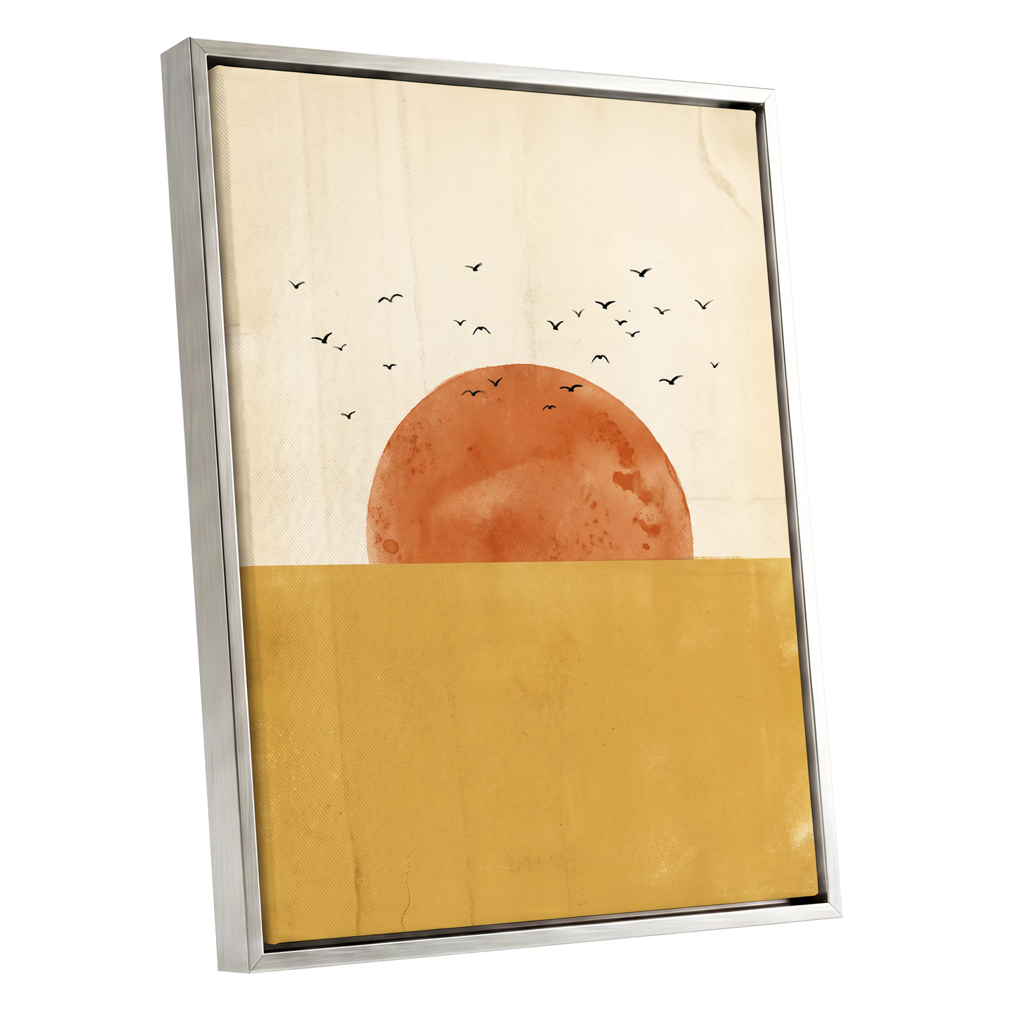 Burnished Horizon, beige, gold, orange nature wall art shown as a silver framed canvas wall art