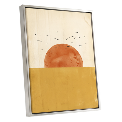 Burnished Horizon, beige, gold, orange nature wall art shown as a silver framed canvas wall art