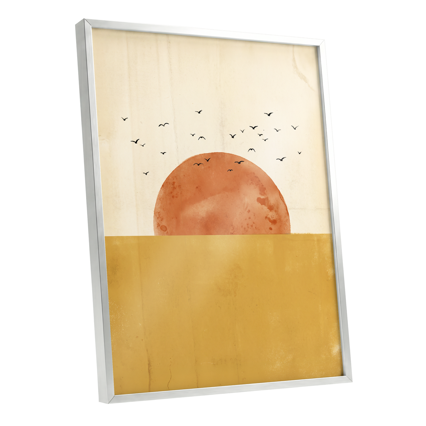 Burnished Horizon, beige, gold, orange nature wall art shown as a silver framed poster wall art print