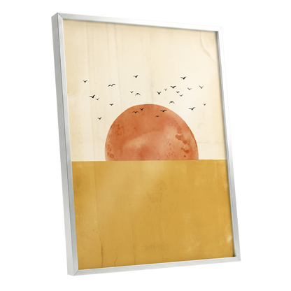 Burnished Horizon, beige, gold, orange nature wall art shown as a silver framed poster wall art print