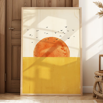 Burnished Horizon, beige, gold, orange nature wall art displayed in a styled interior, gallery view 2